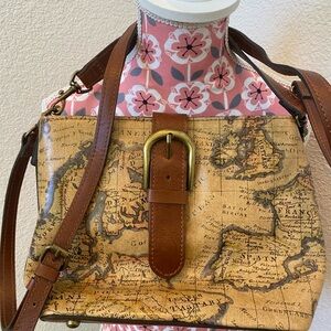 Patricia Nash Vintage Map Print Brown Leather Shoulder Bag